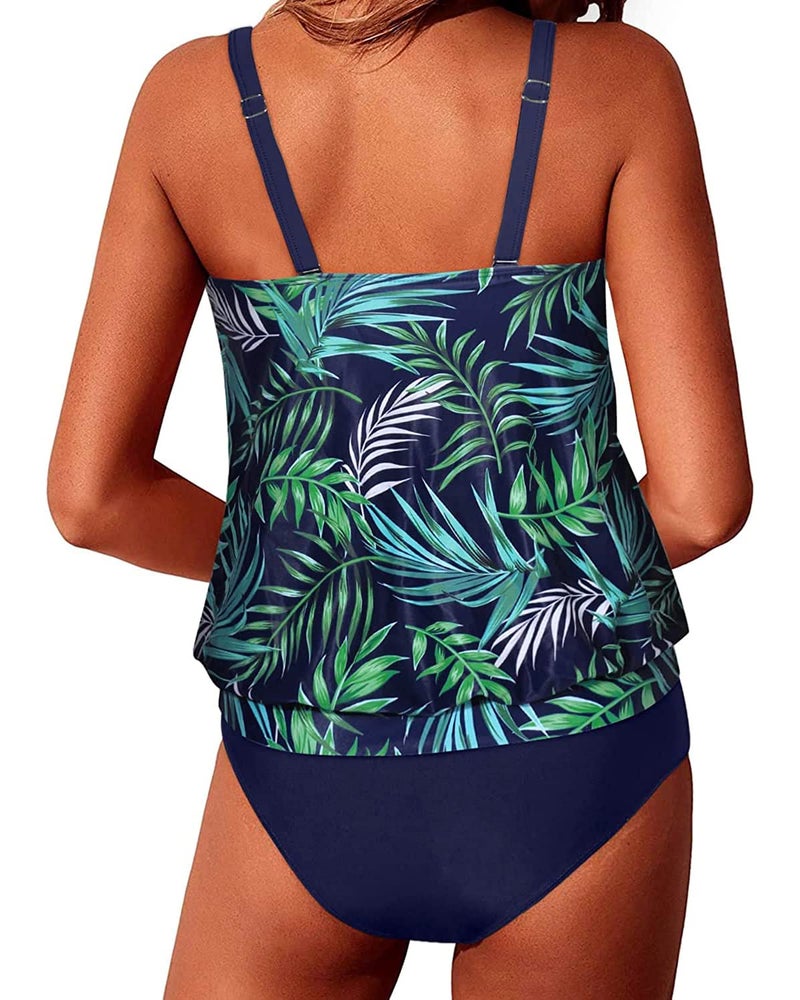 Yonique Two Piece Tankini Swimsuits for Women Blouson Bathing Suits Modest Swimwear Blue and Green Leaves XL - Image 2